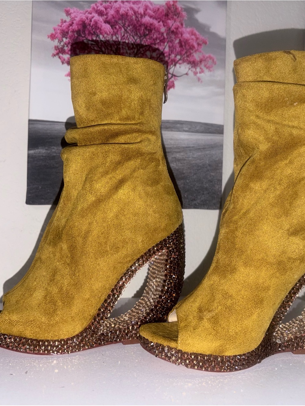 Crystal-Embellished Mustard Suede Peep-Toe Wedge Boots - Women